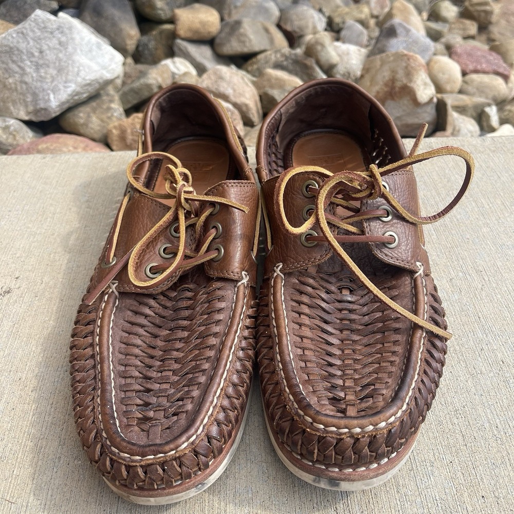 Frye Sully Boat Shoes Loafers Men 11 Brown Woven Leather SlipOn Comfort Casual